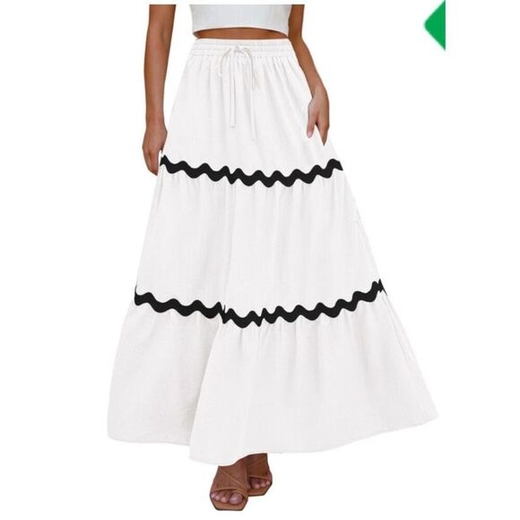 NEW A Line Maxi Skirt Ric Rak Elastic Waist Long Flowy Skirt M - Picture 1 of 4